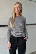 Natalia Ls Round Neck Blouse | Black Creme S Stripe